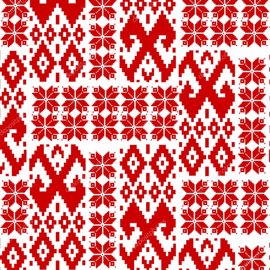 Red patterns on a white background. Elements of the ornament of the Belarusian flag