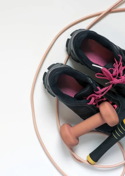 Jump Rope Pink Black Sneakers Crimson Laces Pink Dumbbells White — Φωτογραφία Αρχείου