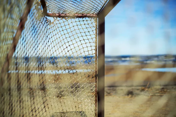 View Sea Beach Old Broken Football Goal Grid Torn Close — Stock Photo, Image