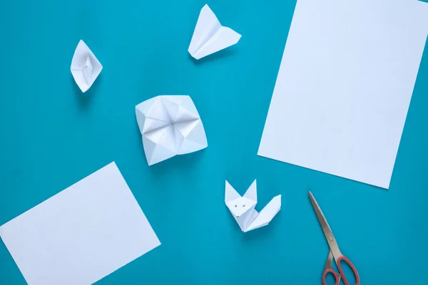 Clean White Paper Scissors Origami Paper Airplane Boat Fox Blue — Stock Photo, Image