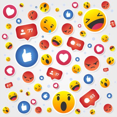Emoji desen. Komik duygular kompozisyon. Sosyal medya duvar kağıdı yüzleri. Gibi nefret, ağlamak, gülmek. Takipçilerinin sayısı. Vektör, illüstrasyon.