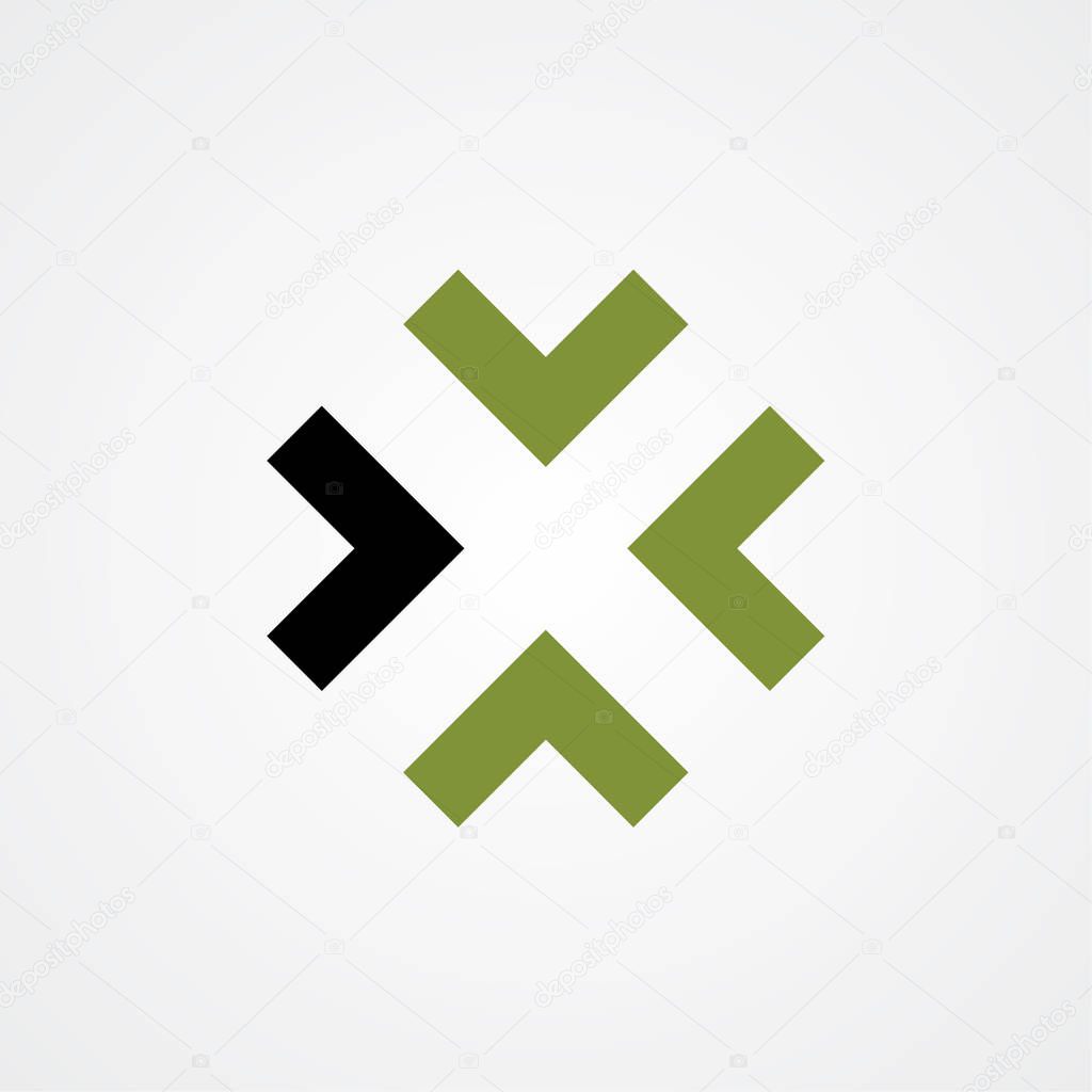 X logo. Four arrows directed in one point. Simbol of target, idea, comunication. Negative space style. Business icon.