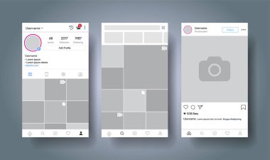 Sosyal medya ağı instagram tarafından ilham. Mobil uygulaması ile fotoğraf Döşeme kalıp. Kullanıcı profili, takipçileri, öneri ve yazı. Hikaye. Vektör çizim