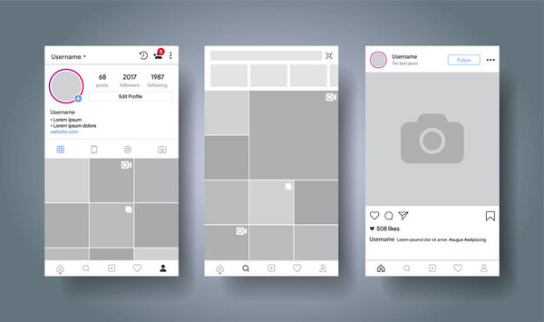 Social media network inspired by instagram. Mobile app with photos tile template. User profile, followers, recommendation and post. Story. Vector illustration