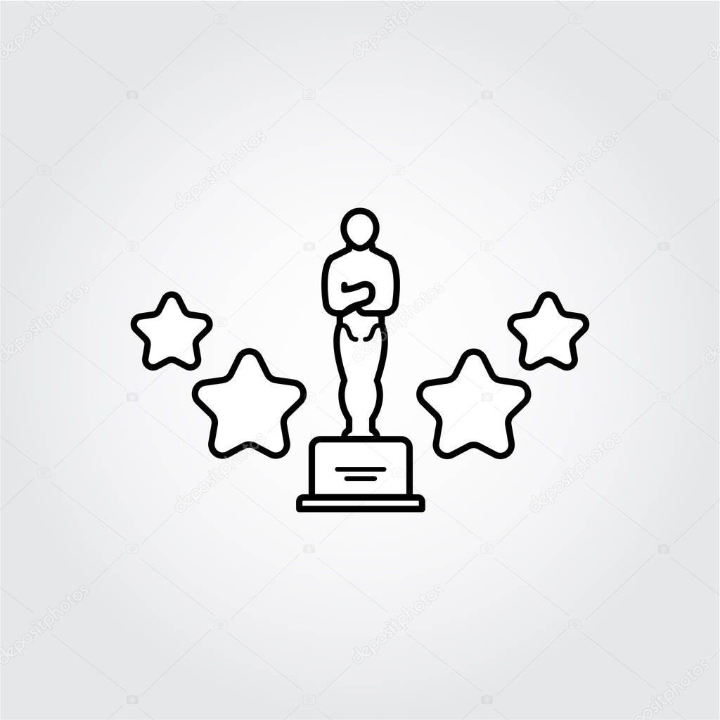Academy award icon. Oscar statuette with stars. Sign of success, winner, champion, best actor. Master in business. Vector illustration.
