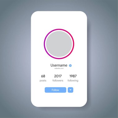 Instagram önizleme sayfası. Sosyal medya profil bilgileri. Düğmesini izleyin. Fotoğraf mockup, şablon. Hikaye sınır. Vektör çizim Insta.