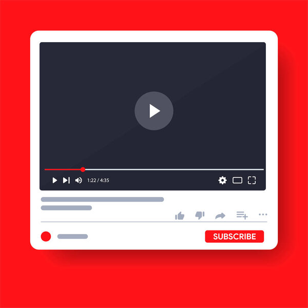 Desktop YouTube player. PC social media interface. Play video online mock up. Subscribe button. You tube window with navigation icon. Vector illustration.