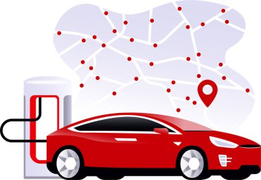 Supercharger istasyonu elektrikli kırmızı otomobil tesla şarj ile. Elektrik şarj istasyonları konumlarıyla eşler. Modeli s. Ev gelecek düz. Vektör çizim.