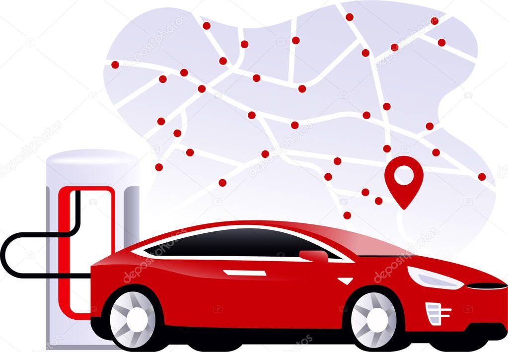 Supercharger  station with charging electric red car tesla. Map with locations of electric charging stations. Flat model s. EV future. Vector Illustration.