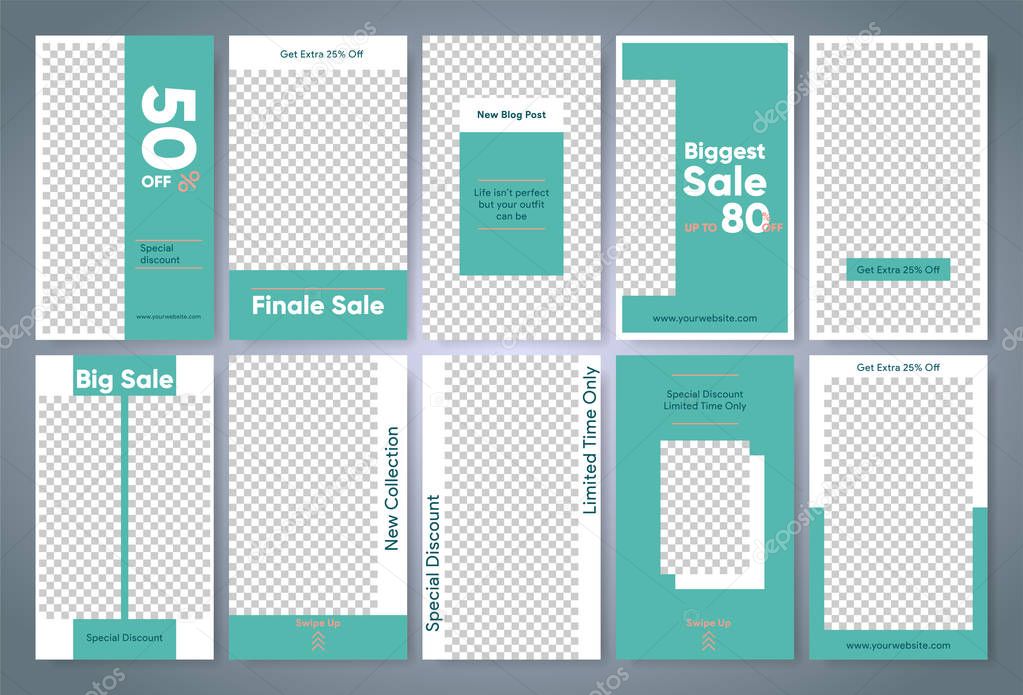 Easy edit stories frame. Sale story template. Instagram photo background. Special offer, biggest discount and new collection banner. Fashion store turquoise design. Vector, Illustration.