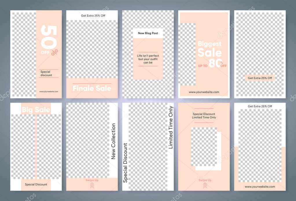 Sale story template. Easy edit stories frame. Instagram photo background. Special offer, biggest discount and new collection banner. Fashion store coral design. Vector, Illustration