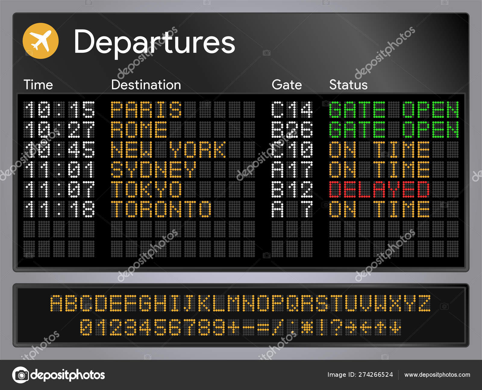 Realistic Departures Arrivals Board Alphabet Electronic Railroad Scoreboard Digital Board Stock Vector C Art Em Po 274266524