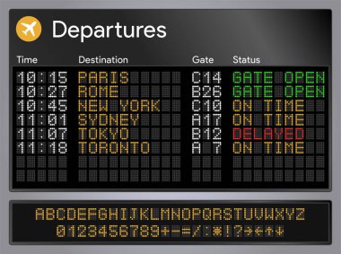 Alfabe ile gerçekçi gidiş ve geliş tahtası. Elektronik demiryolu skorbord. Dijital pano şablonu. Havaalanı veya tren istasyonu dijital panel ekran. Vektör Illustration.