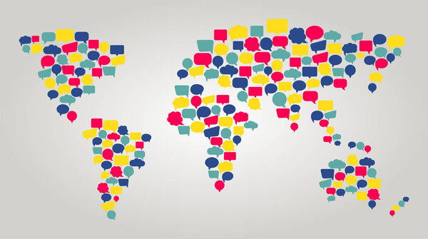 Communication world map. Worldwide connection and support.Map made of colorful speech bubbles. Symbol Of language translation and interpretation. Network around the world. Vector illustration.
