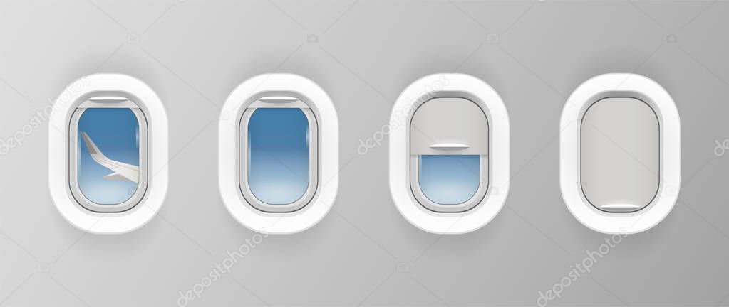 Airplane window set. Plane portholes for banner. Realistic illuminator. View from jet on the wing.  Porthole shutter, curtain positions. Travel sign. Vector illustration. 