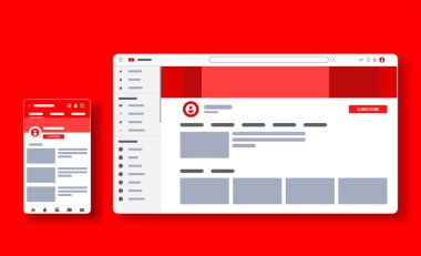 Youtube video plaer profil sayfası. Blogger kanalı. Web sitesi Ui Ux şablonu. Akıllı telefon ve masaüstü için duyarlı sosyal medya sayfası. Vektör İllüstrasyon kadar mock.