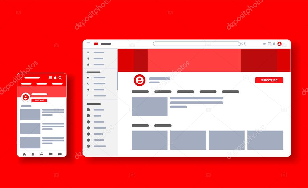 Profile page of youtube video plaer. Blogger channel. UI UX template of website. Responsive social media page for smartphone and desktop. Vector Illustration mock up.