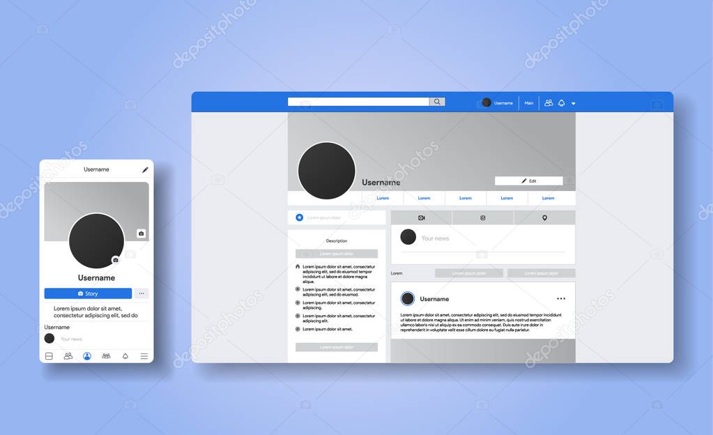 Responsive page of facebook profile. The same account in smartphone and desktop. UI UX social media template of website. Vector Illustration mock up.