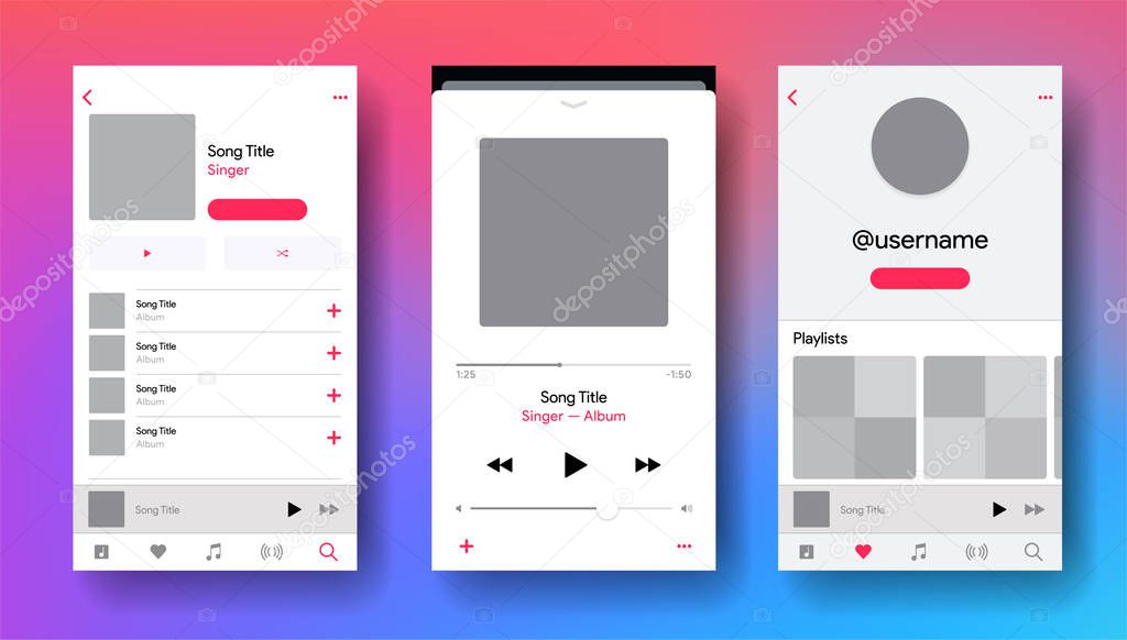 Social media network inspired by Apple Music. Subscription music player. Profile, Album, Song, Playlist mock up. Applemusic Vector illustration.