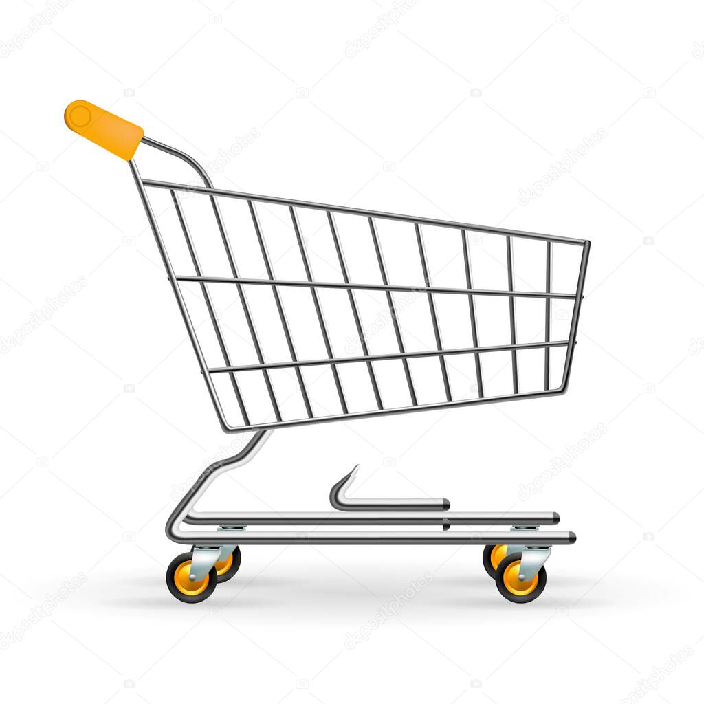 Realistic Shopping cart. Glossy metallic pushcart. Supermarket trolley. Real steel shop equipment. Side view shopping staff. Vector illustration.