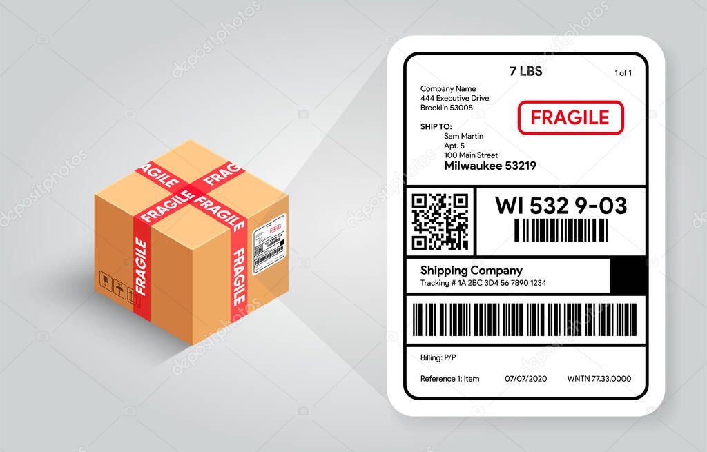Shipping label on cardboard box template. Barcode and qr code for scanning. Postal Fragile sign and Scotch tape. Real life mockup. Cargo sticker with adress.