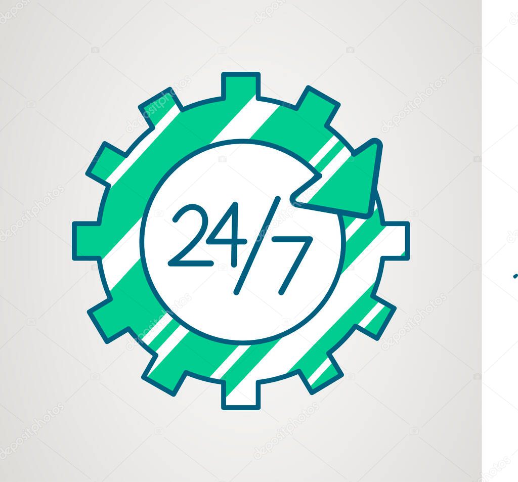 24-7 service icon. Day and night working. Always open time. 24h available support. Repair and settings gear sign. Vector illustration.