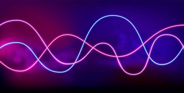 Neon dalgası. Soundwave 'i yönetti. Parlak lamba hattı. Işık eğrisi arkaplanı. Dumanda renkli parlak çizgiler.