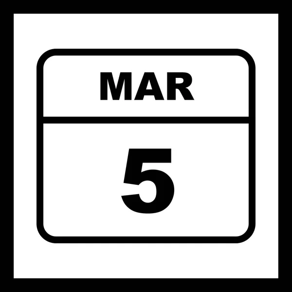 5. März Datum an einem einzigen Tag Kalender — Stockfoto
