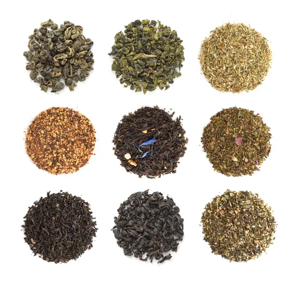 Raccolta di tè secco isolato su uno sfondo bianco — Foto Stock