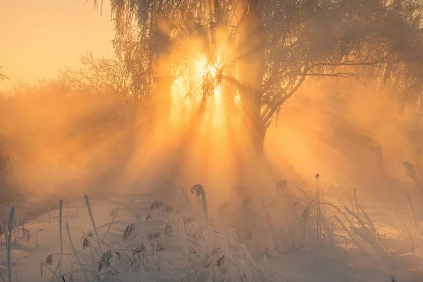 Belo nascer do sol de inverno no rio gelado — Fotografia de Stock