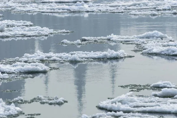 冷たい冷たい氷が水の上を流れる — ストック写真