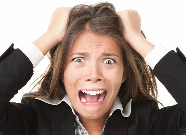 Stress Mulher Estressada Está Enlouquecendo Puxando Cabelo Frustração Close Jovem — Fotografia de Stock