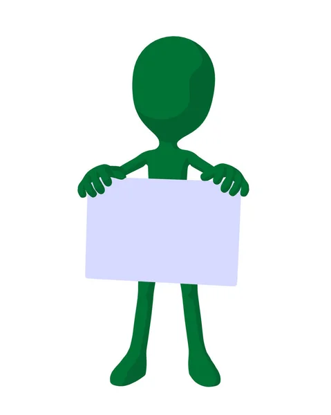 可爱的绿色剪影的家伙拿着一个空白的名片在白色背景 — 图库照片