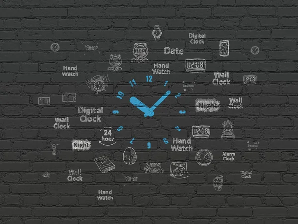 タイムラインの概念 手描きの時間のアイコンと黒レンガの壁の背景に青い時計のアイコンを塗った — ストック写真