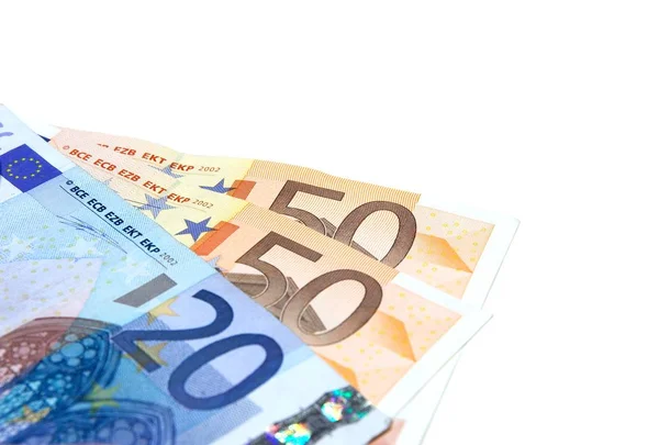 Крупный План Банкнот Евро Изолированных Белом — стоковое фото