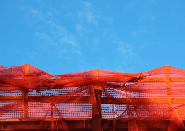 Red Construction Barrier Wooden Planks Empty Blue Sky — Stock Photo, Image