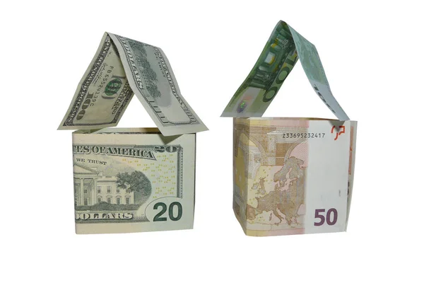 Två Hus Gjorda Euro Och Dollarsedlar — Stockfoto