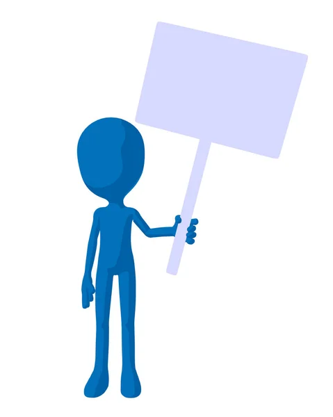 可爱的蓝色剪影的家伙拿着一个空白的标志在白色背景 — 图库照片