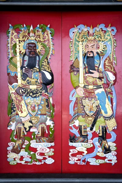 Image Chinese Temple Doors Very Colourful Guardian Deities — Stock Photo, Image