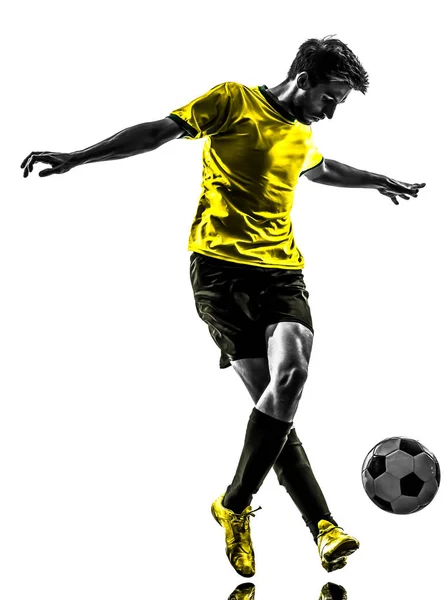 Ένας Βραζιλιάνος Ποδοσφαιριστής Νεαρός Άνδρας Ντρίμπλα Σιλουέτα Στούντιο Λευκό Φόντο — Φωτογραφία Αρχείου