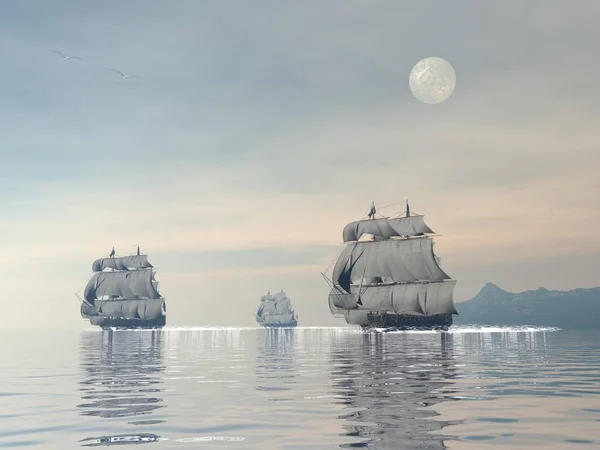 Tres Viejos Barcos Flotando Océano Con Gaviota Atardecer Con Luna — Foto de Stock