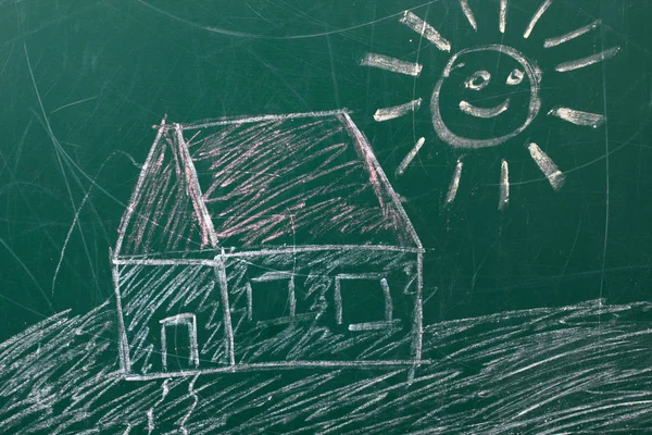 Simple Childish Drawing Chalkboard Showing House Smiling Sun — Stock Photo, Image