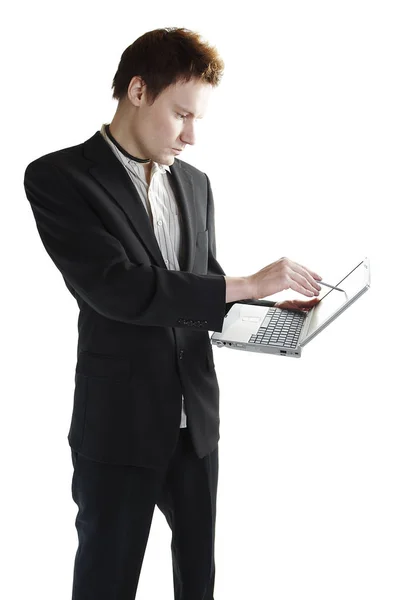 Joven Hombre Negocios Aislado Usando Una Computadora Portátil Con Pantalla — Foto de Stock