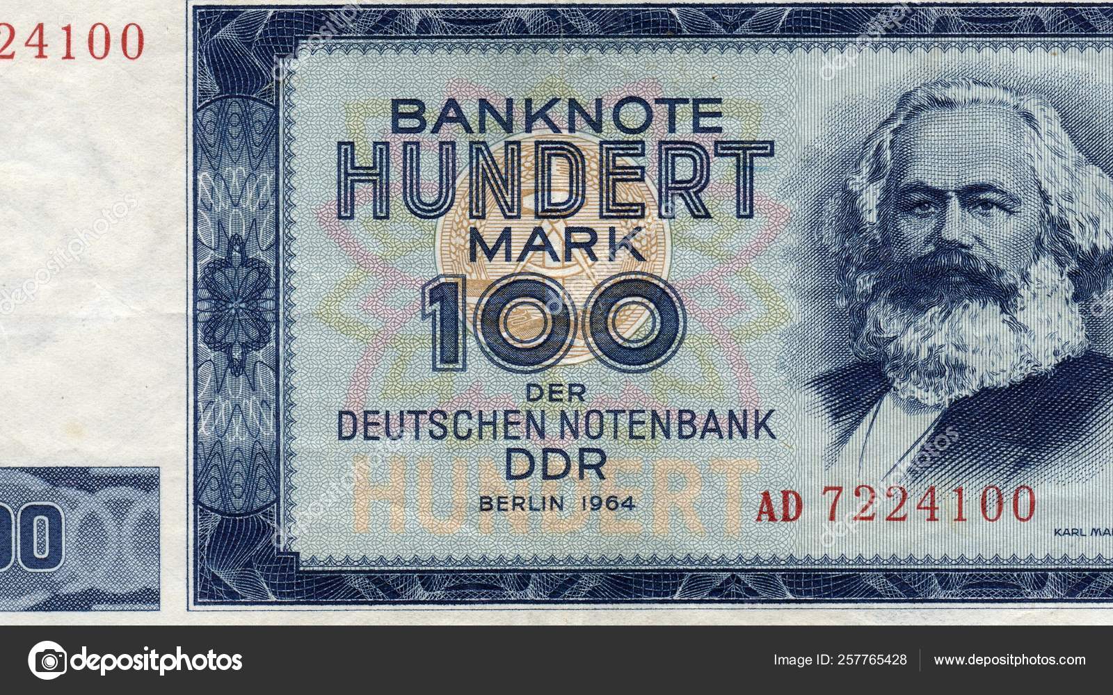 100 马克钞票从Ddr 与卡尔马克思—— 库存社论照片© YAYImages #257765428