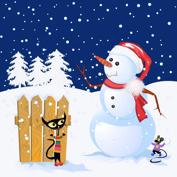 Winterurlaub Hintergrund Mit Schneemann Und Niedlichen Tieren Plying Schnee — Stockfoto