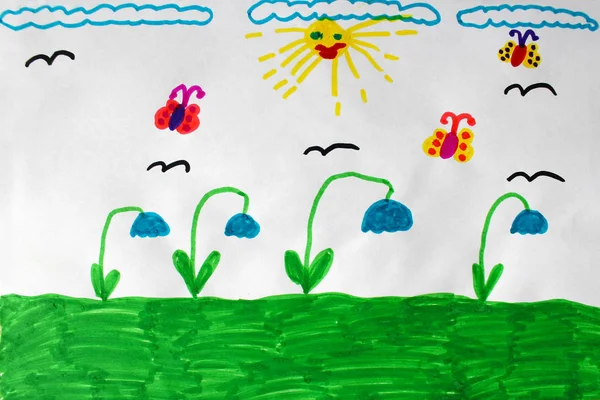 Dibujo Infantil Multicolor Con Mariposas Flores Azules — Foto de Stock