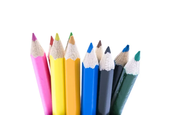 Crayons Couleur Groupés Debout Sur Fond Blanc Troisième Supérieur Visible — Photo