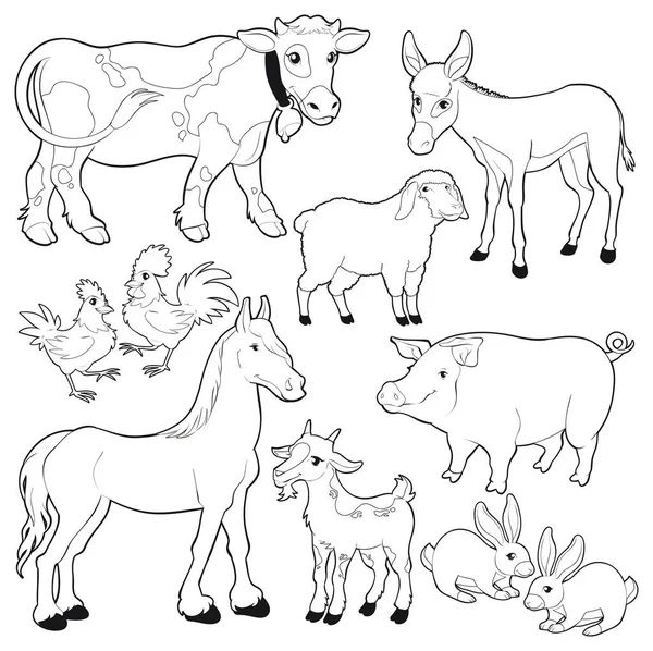 Farm animals. Vector and cartoon isolated black/white characters.