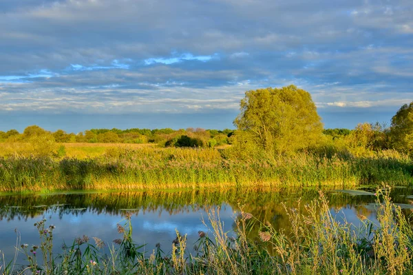 Barevné Podzimní Krajina Řekou Mraky — Stock fotografie