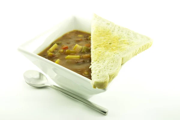 Hot Sup Sayuran Kental Dalam Mangkuk Putih Persegi Kecil Dengan — Stok Foto